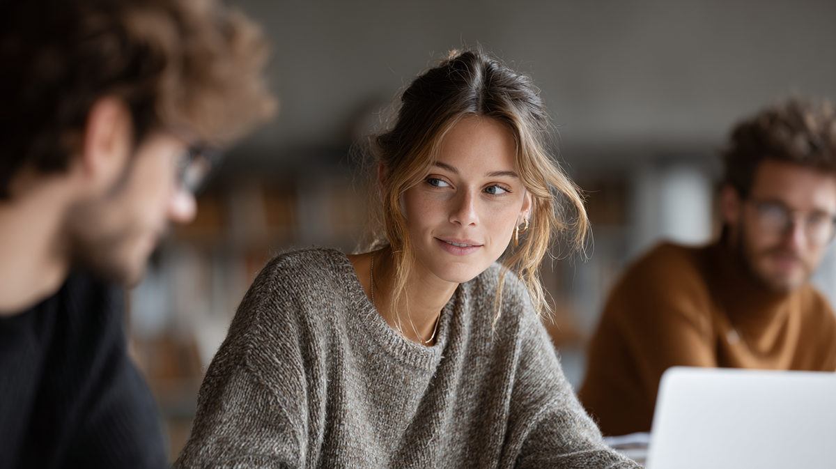 Девушка внимательно слушает своего коллегу