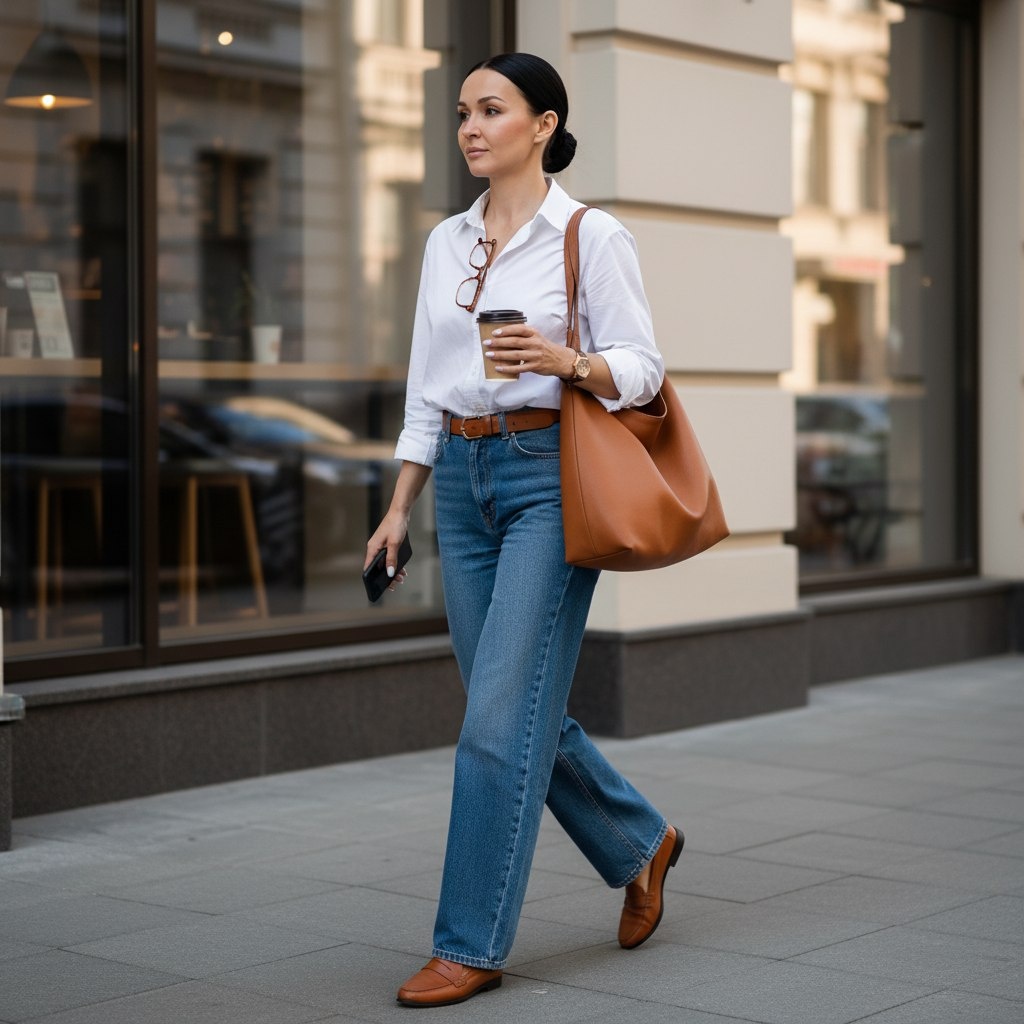 Белая рубашка, джинсы и лоферы 