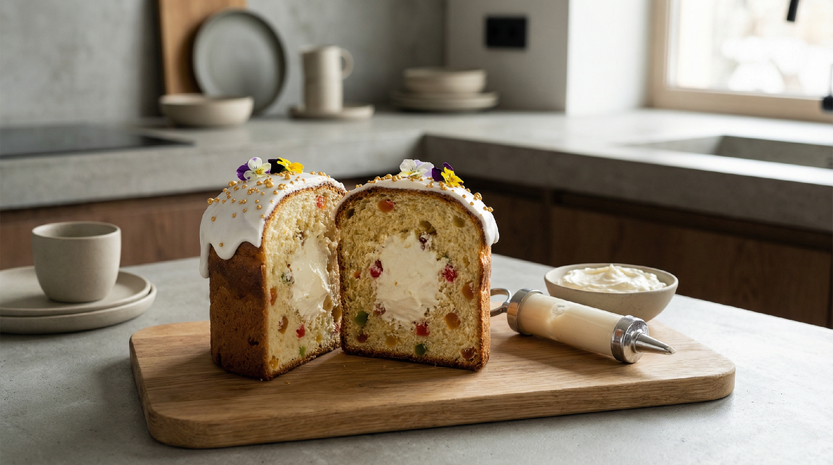 Творожный кулич с кремовой пломбирной начинкой из сливок и сгущенного молока.