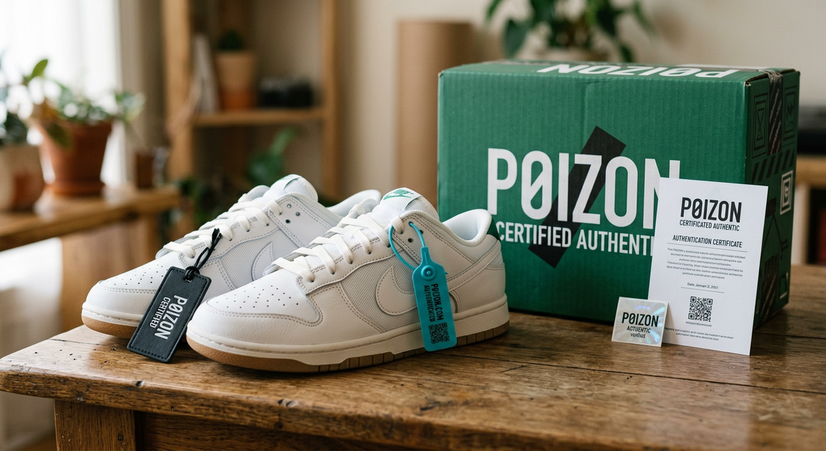 Пара белых кроссовок Nike Dunk Low стоит на фоне фирменной зелёной упаковочной коробки с логотипом Poizon