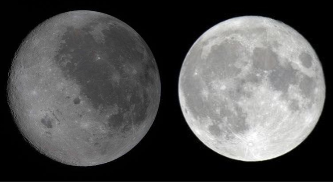 Справа на снимке — привычная нам сторона. Слева, более светлая — та самая «тёмная сторона», которая вечно скрыта от Земли.