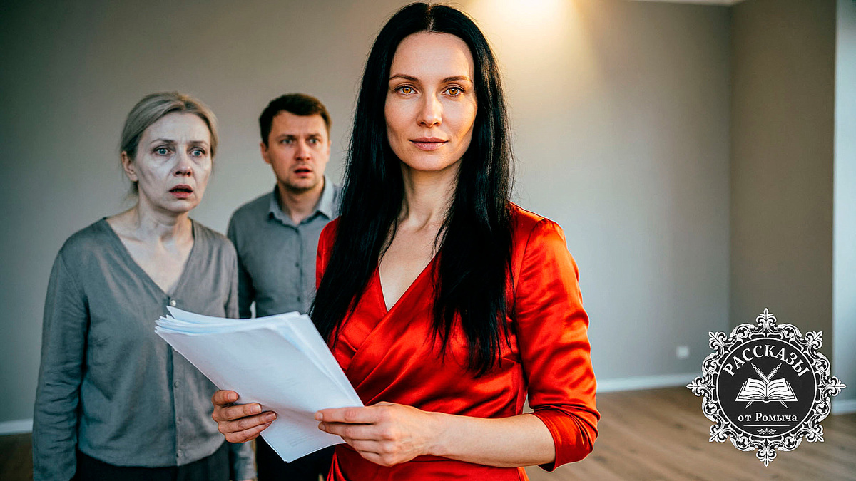Женщина, черные волосы, янтарные глаза, в ярко-красном шелковом платье. Она стоит в центре комнаты с документами в руках. На заднем плане, в тусклых тонах, растерянный мужчина и бледная женщина смотрят на неё с ужасом.