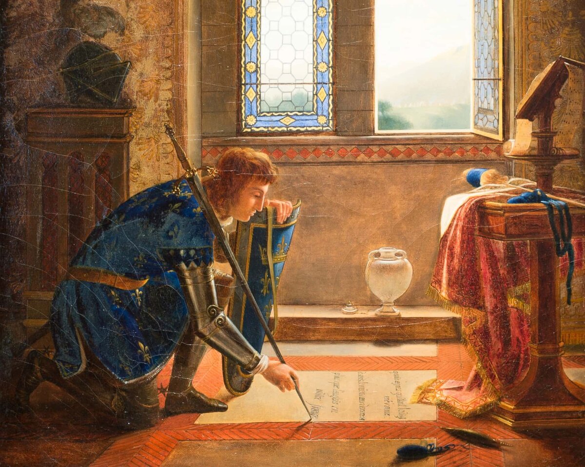 Карл VII готов отправиться на войну с англичанами. Картина маслом на холсте, написанная Флери Франсуа Ришаром