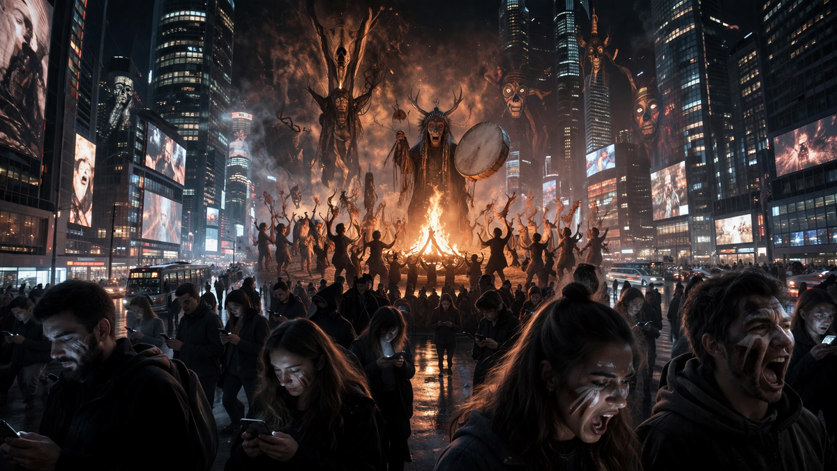 Современный мегаполис ночью. Небоскрёбы, цифровые экраны, потоки машин, реклама, люди со смартфонами. Но в воздухе и в отражениях стекла как будто проступает другой мир: древний ритуальный круг, костры, маски, пляшущие фигуры, шаманские силуэты. Лица современных людей постепенно становятся похожи на лица племени в состоянии экстатического возбуждения. Атмосфера пугающего соскальзывания высокотехнологичной цивилизации в первобытную архаику.