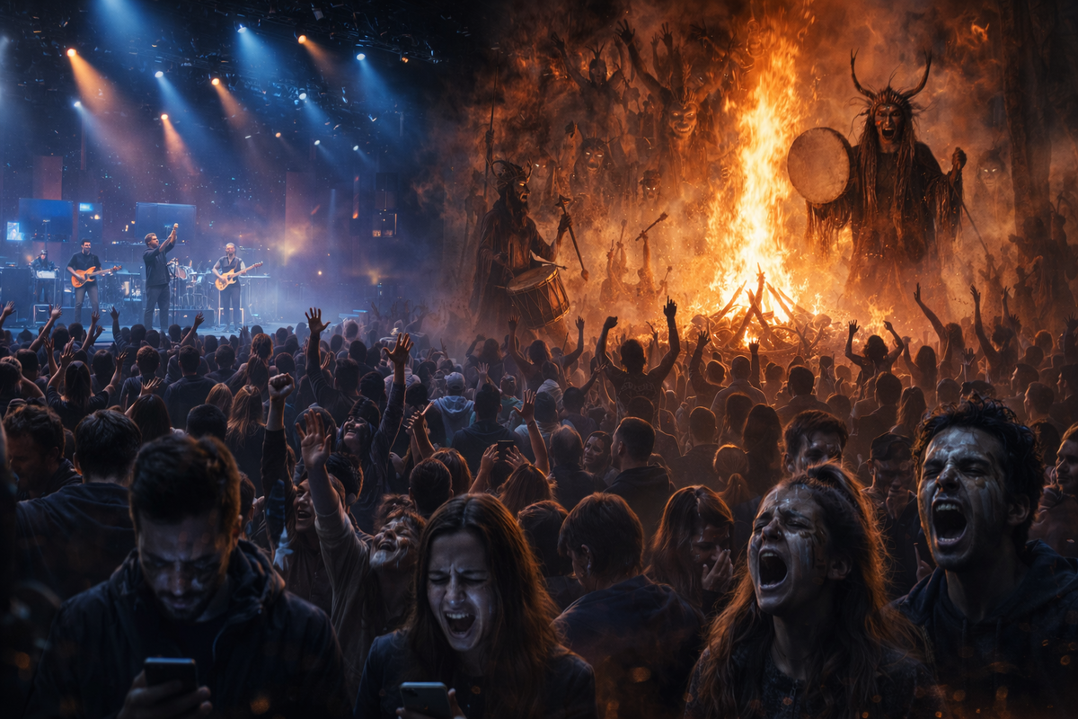 Огромный современный молитвенный зал. Сцена, свет, музыкальная группа, микрофоны, люди с поднятыми руками, плачущие и кричащие лица. Но в глубине композиции зал незаметно превращается в древнее святилище: костёр, барабаны, ритуальный круг, шаманские жесты. Современность и первобытность как будто сливаются в одной точке. Атмосфера скрытого регресса, духовной тревоги и ужаса узнавания.