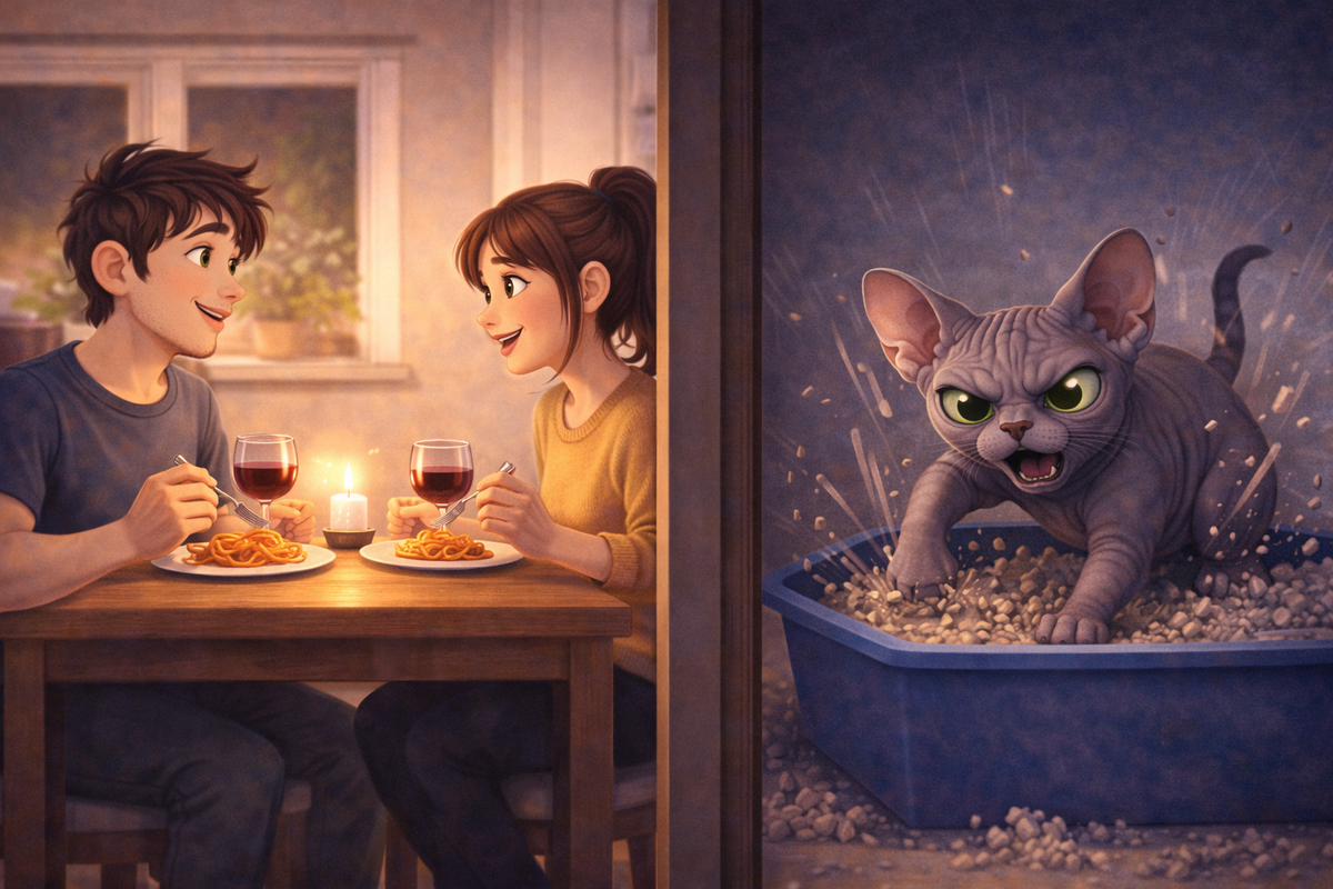 Нюансы жизни со сфинксом :) Изображение создано ИИ для канала «Kote4com: всё о сфинксах»