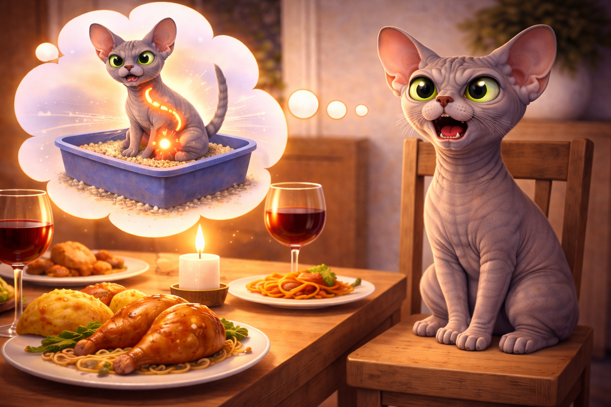 Вид еды запускает у кошки пищеварительный процесс. Изображение создано ИИ для канала «Kote4com: всё о сфинксах»