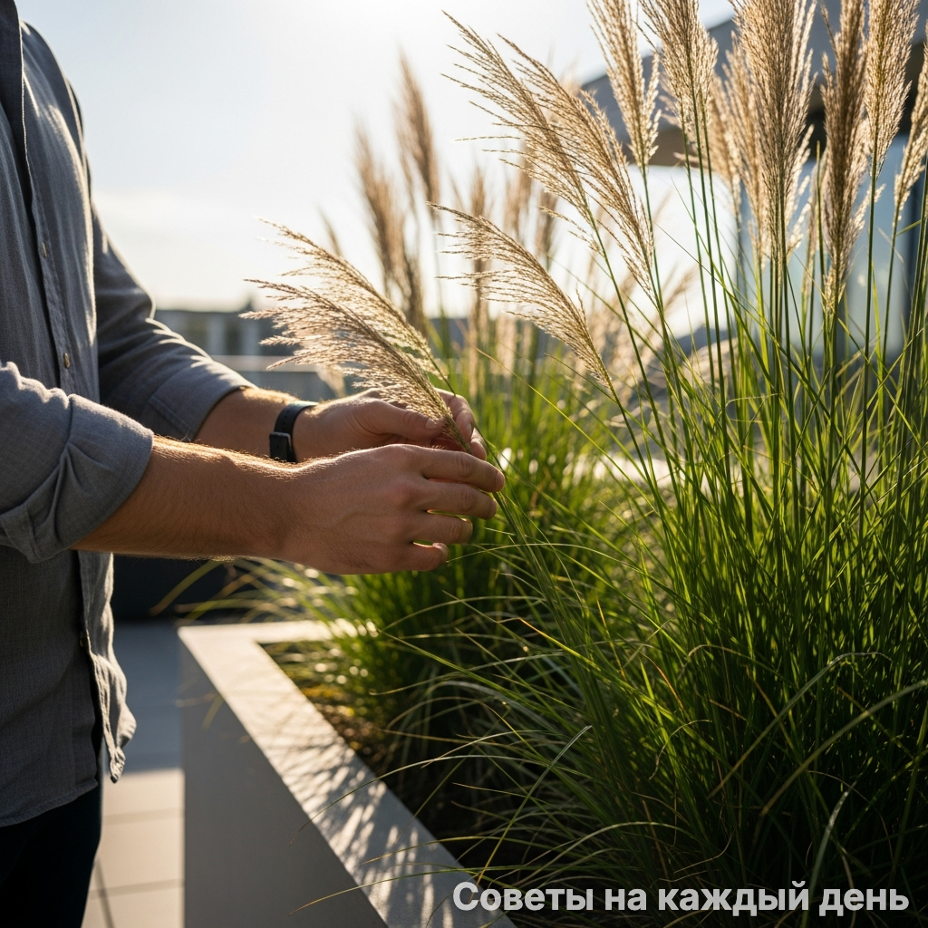 Злаки в кашпо создают приватность, не перегружая пространство тяжелыми формами.