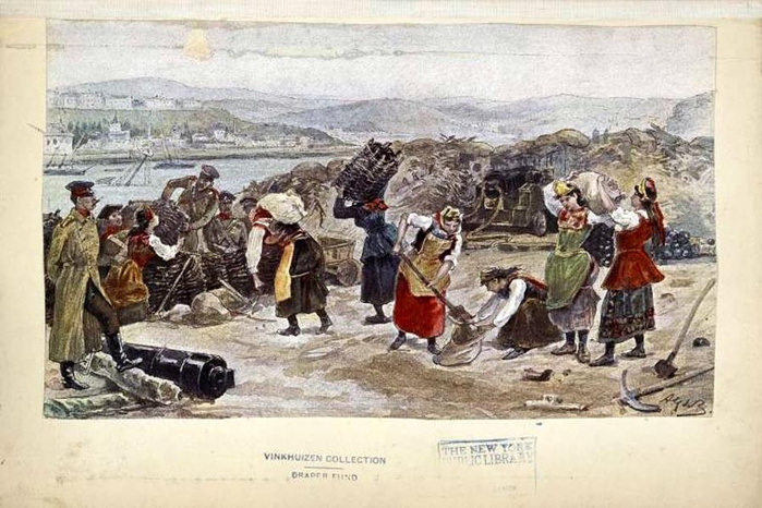 И. М. Прянишников (1840-1894) – русский художник и педагог, мастер жанровой живописи.  «Постройка «Девичьей батареи», Государственный исторический музей.