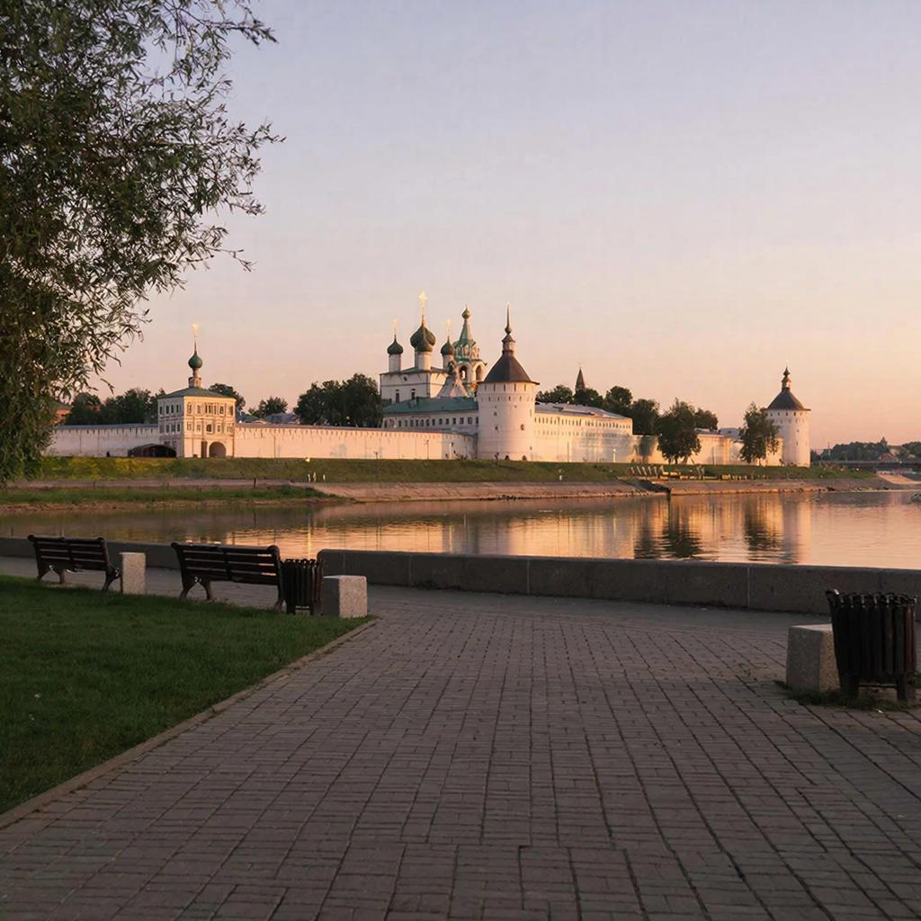 Рыбинск. Панорамный вид на исторический центр с купеческими особняками на набережной Волги.