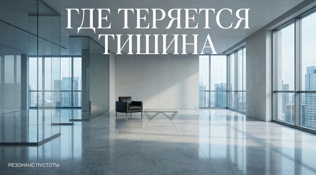 На обложке: «Где теряется тишина», «Резонанс пустоты» — минималистичный интерьер с панорамными окнами и видом на город.