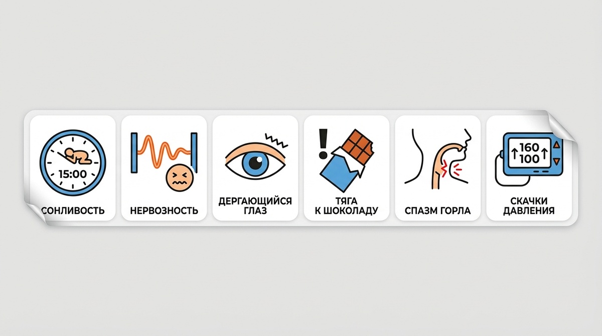 Ощущение «комка» в горле, трудности с глотанием в спокойном состоянии.