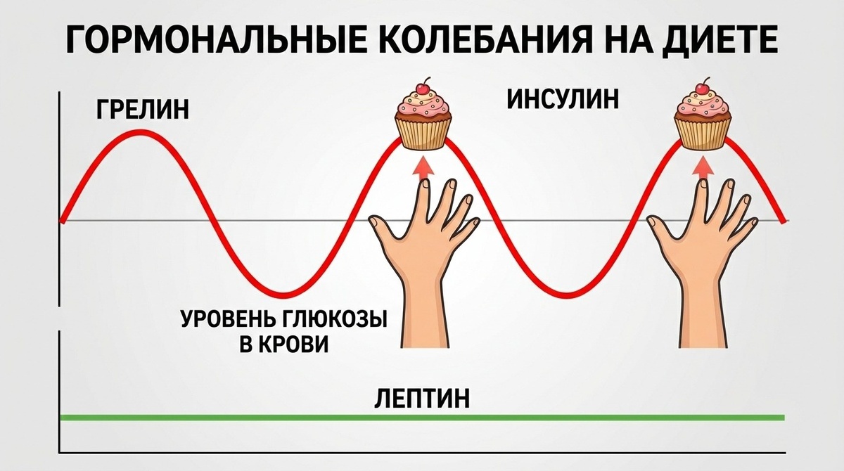  Грелин, гормон голода, выстреливает вверх, сигнализируя: «Немедленно найти еду!». А лептин, гормон сытости, который должен сообщать «всё в порядке, запасы есть»