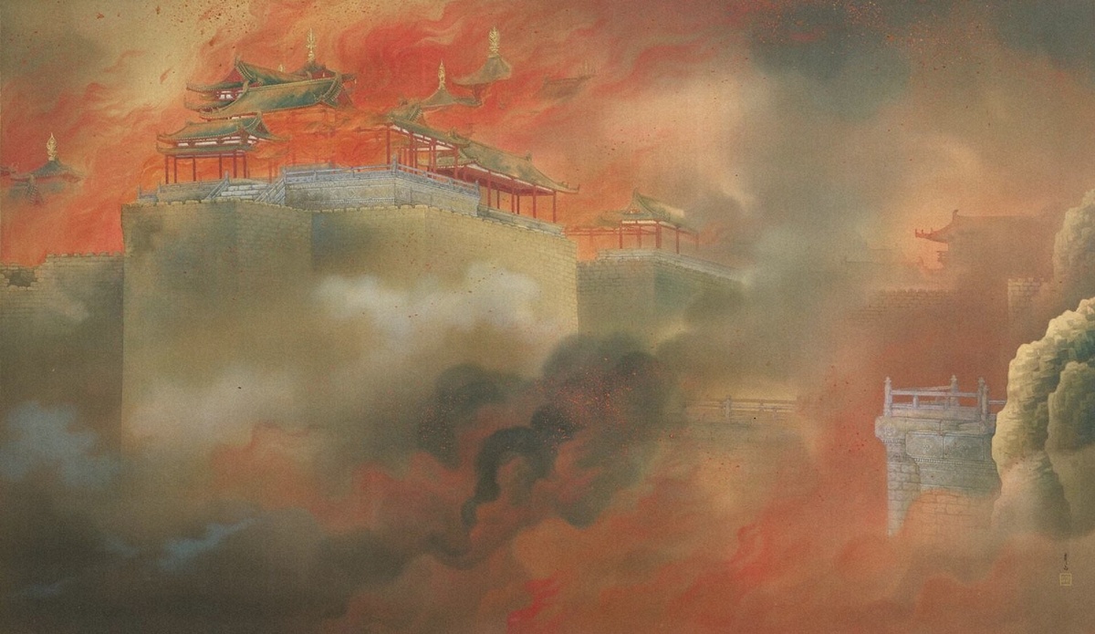 Fire Destroying the Epang Palace, by Kimura Buzan (1876–1942), The Museum of Modern Art, Ibaraki, Mito, Japan