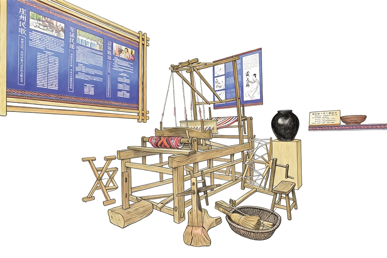 Традиционный ножной горизонтальный ткацкий станок для изготовления парчи ли. Иллюстрация сгенерирована ИИ (Сюй Ли).