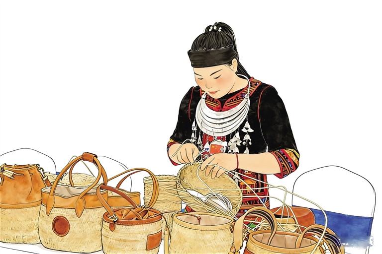 Молодая ремесленница демонстрирует навыки плетения из ротанга и бамбука. Иллюстрация сгенерирована ИИ (Сюй Ли).