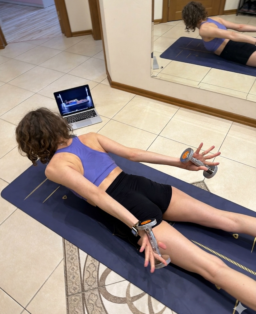 Занимаюсь по программе "Пилатес с гантелями -2" с Ольгой Дерендеевой