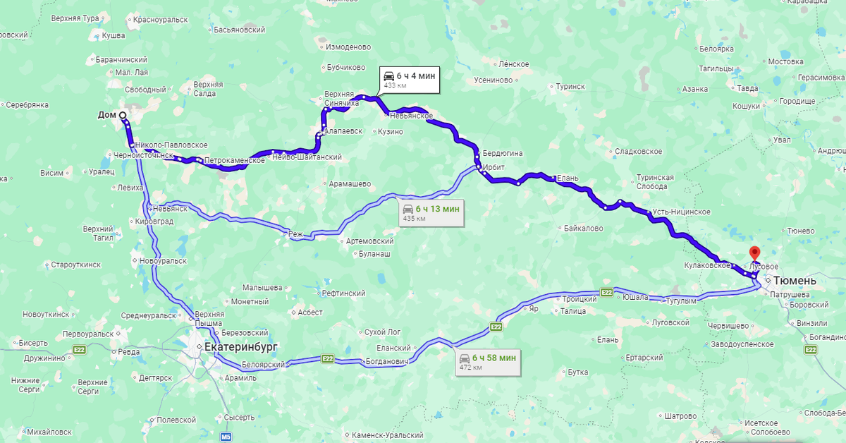 Маршрут из Нижнего Тагила до горячих источников Тюмени