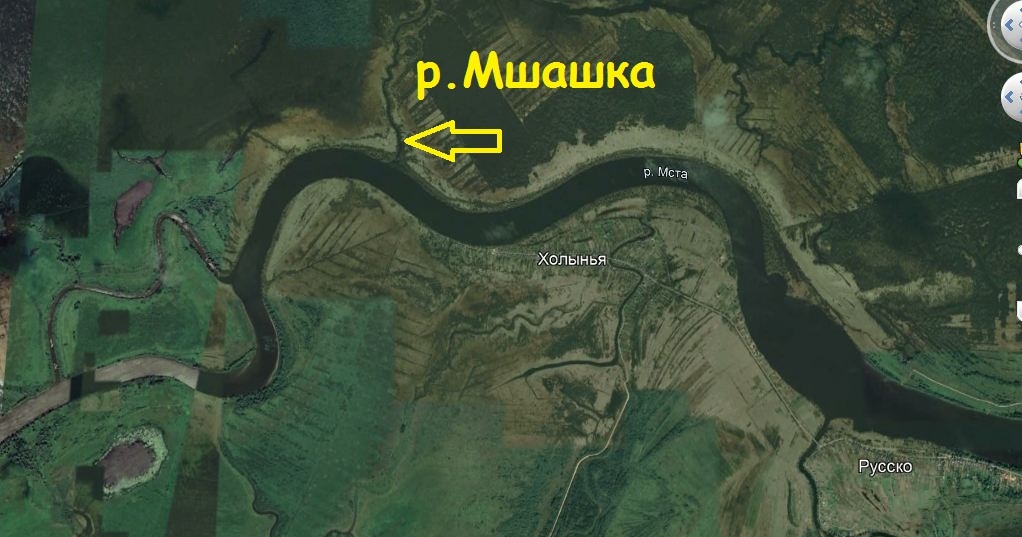 Главный "буквенный" гидроним реки Мста М-образная излучина в районе устья. В эту излучину впадает река Мшашка или буквально "река главная М", где слог "ша" в названиях означает "главный" или "бог"(тот, кто выше всех). Таким образом, название Мшашки указывает, что эта излучина является главной в названии реки.