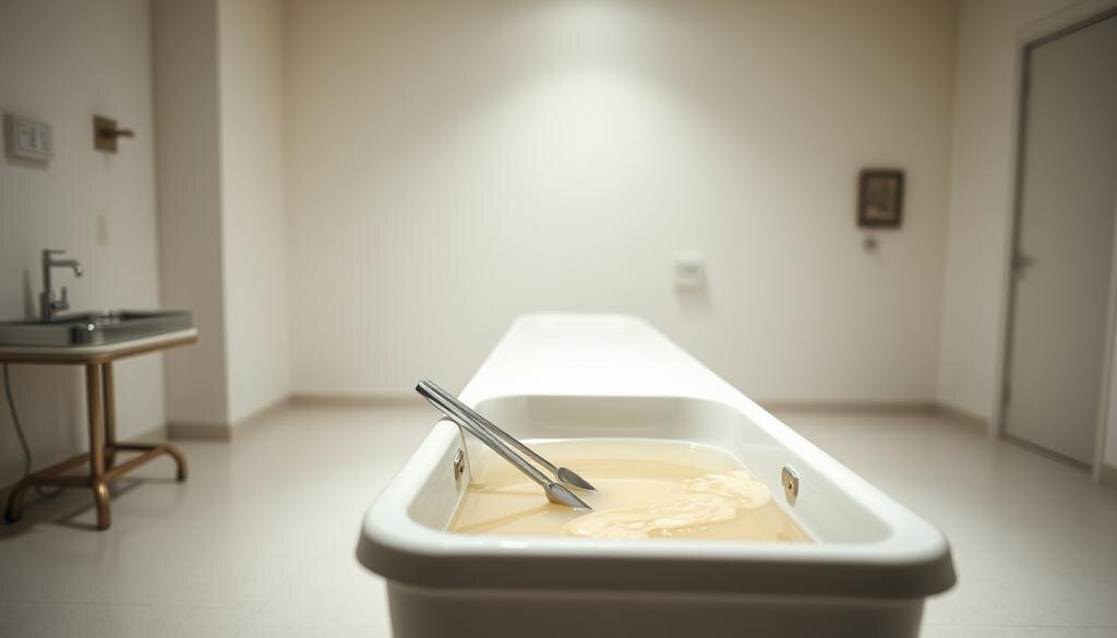    Элегантная сцена, изображающая подготовительную комнату в морге с мягким освещением и чистотой, акцент на умывальной мойке с теплой водой для омывания тела.