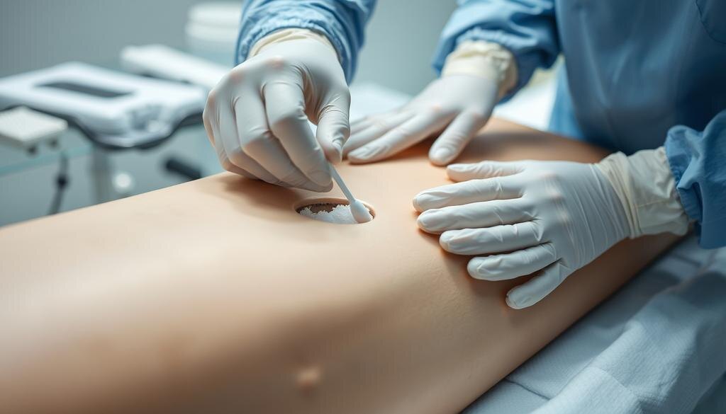    Крупный план профессионального похоронщика, аккуратно закрывающего естественные отверстия в теле стерильными тампонами, в спокойной и уважительной атмосфере.