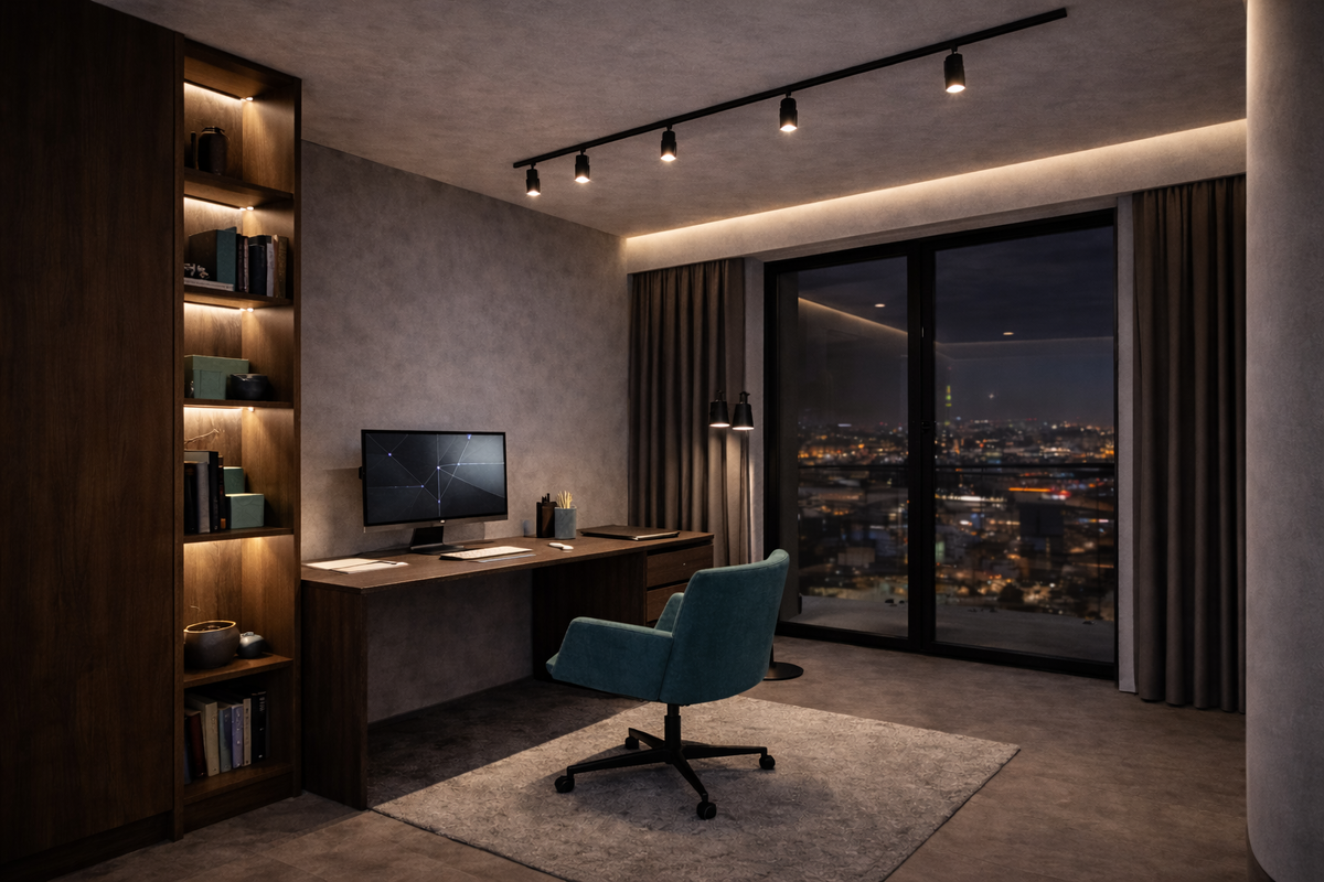 Трековый свет работает сильно только тогда, когда он подчинён геометрии комнаты и поддерживает интерьер, а не спорит с ним.