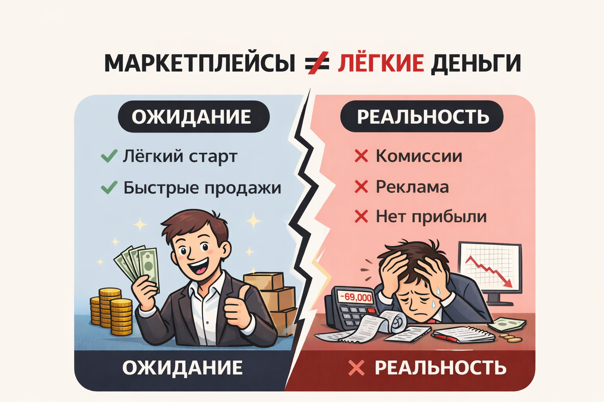 Контраст ожиданий и реальности выхода на маркетплейсы: за простым стартом скрываются комиссии, высокая стоимость рекламы и необходимость точного расчёта экономики.