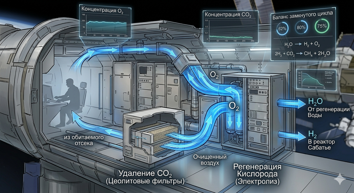 Устройство МКС. Синими стрелками показана регенерация кислорода (электролиз) и удаление CO₂ (цеолитовые фильтры). Всё это работает в замкнутом цикле.
