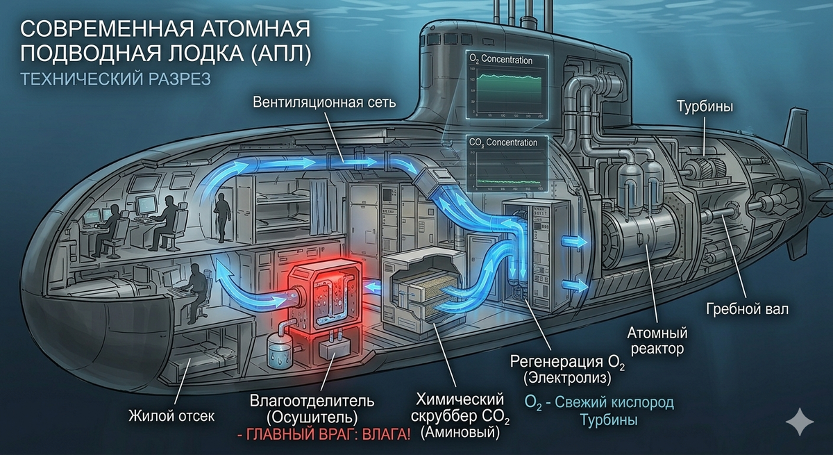 Разрез современной атомной подлодки. Показан путь воздуха, регенерация O₂ и химический скруббер CO₂. Влагоотделитель (осушитель) выделен красным — влага здесь главный враг.