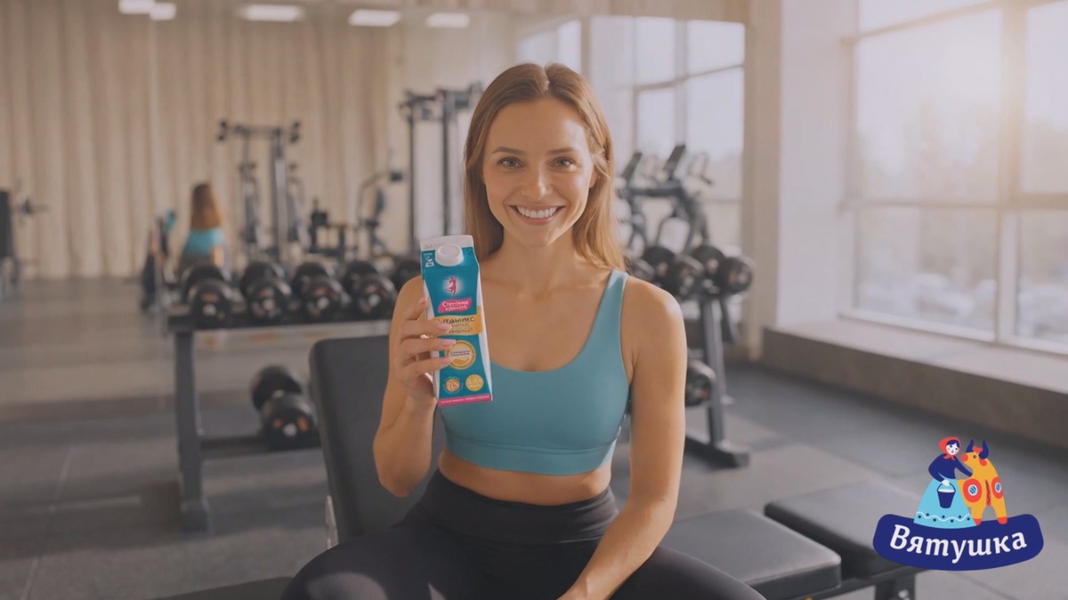 Светлая улыбающаяся девушка в голубом спортивном топе сидит в спортзале и держит в руках упаковку кефирного напитка Vitamix от кировского бренда Вятушка. Реалистичный кадр, созданный нейросетью в агентстве Lemonads