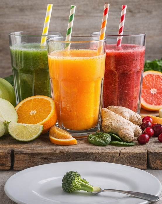 Фреши и «детоксы» кажутся лёгким решением, но по факту это смесь сахаров и кислот.
Без клетчатки они не помогают выводить продукты обмена и могут только усиливать нагрузку на ЖКТ.