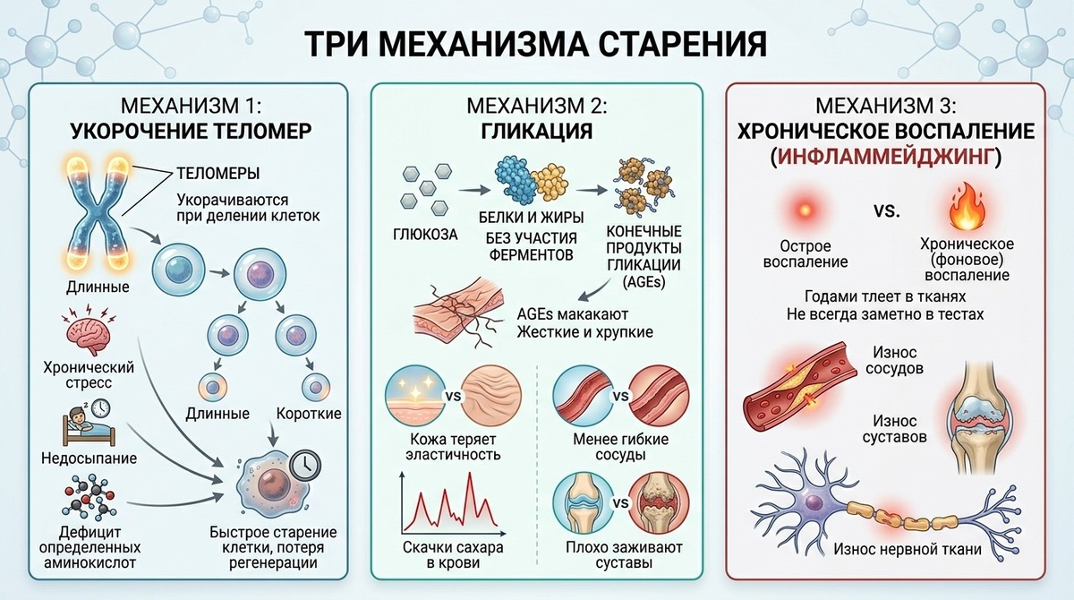 Старение. 1. Укорочение теломер. 2. Гликация. 3. Хроническое воспаление