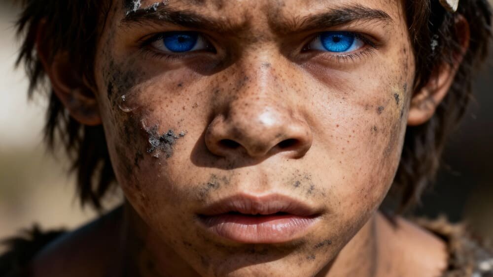 На фотографии изображен подросток с голубыми глазами и грязью на лице. Видны темные волосы и часть одежды из шкуры на плече, серьезный взгляд направлен прямо. Изображение сгенерировано в ИИ для иллюстрации идеи.