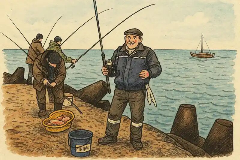 Зимняя морская рыбалка в Крыму. Рыболов на пирсе в Севастополе в декабре