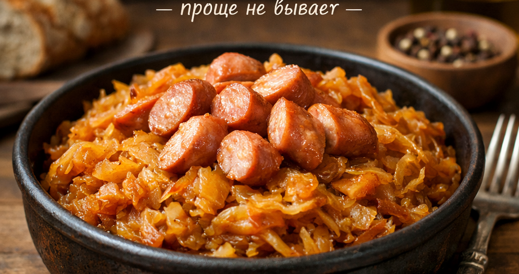 Капуста тушёная с сосисками, проще не бывает.