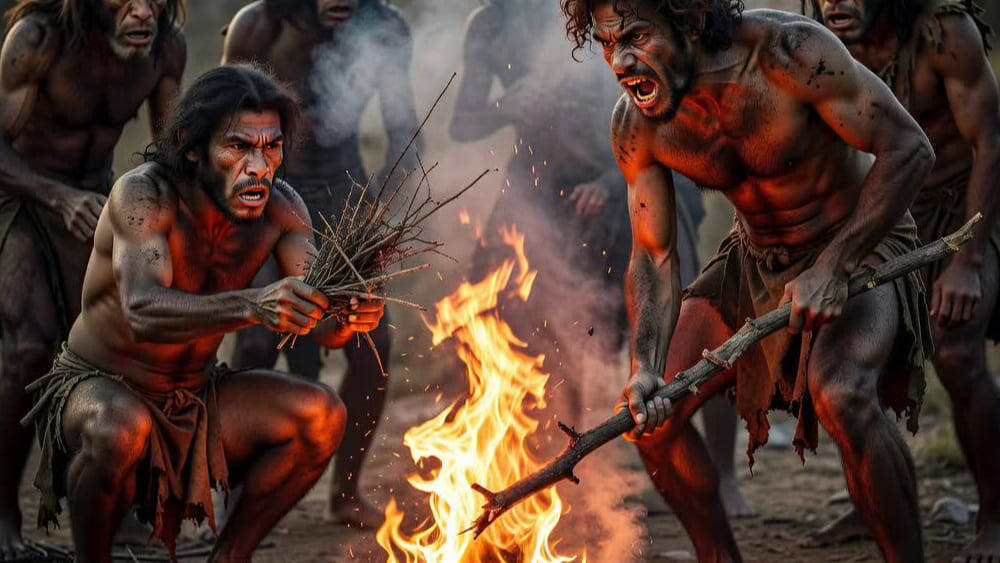На фотографии изображены древние мужчины у костра в агрессивных позах с палками и ветками, окруженные другими людьми в набедренных повязках, освещенные оранжевым пламенем огня. Изображение сгенерировано в ИИ для иллюстрации идеи.