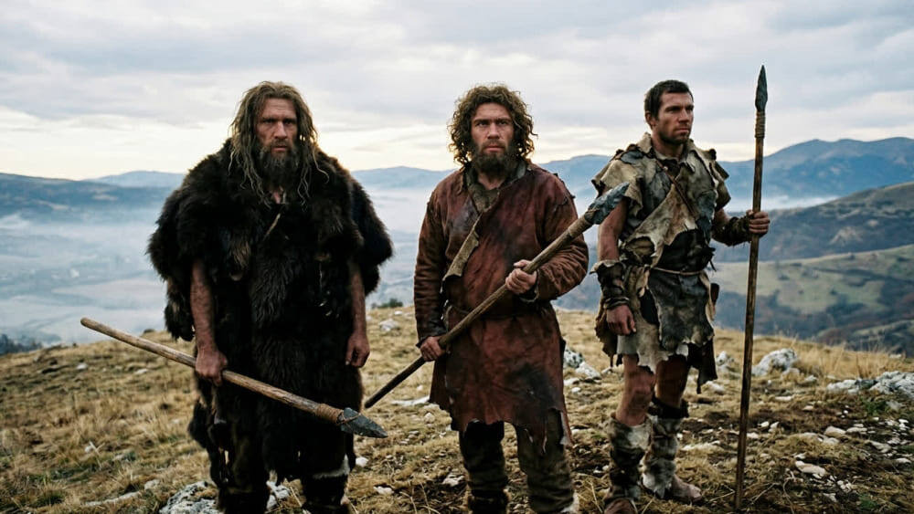 На фотографии изображены трое древних мужчин в одежде из шкур с копьями, стоящих на холмистой местности на фоне гор и пасмурного неба. Изображение сгенерировано в ИИ для иллюстрации идеи.