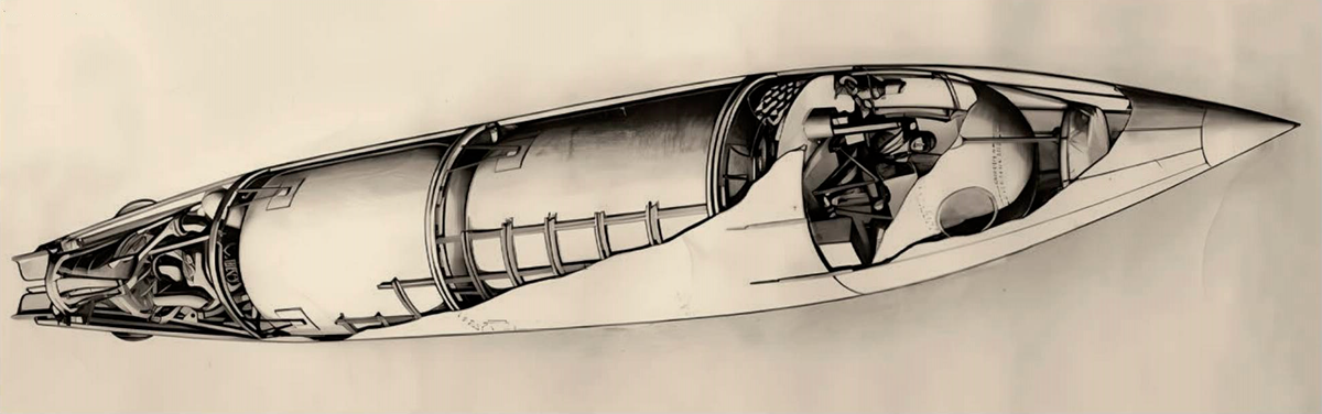 Эскиз пилотируемой ракеты Megaroc, подготовленный Ральфом Смитом на основе сведений о А-4 в 1946 году.