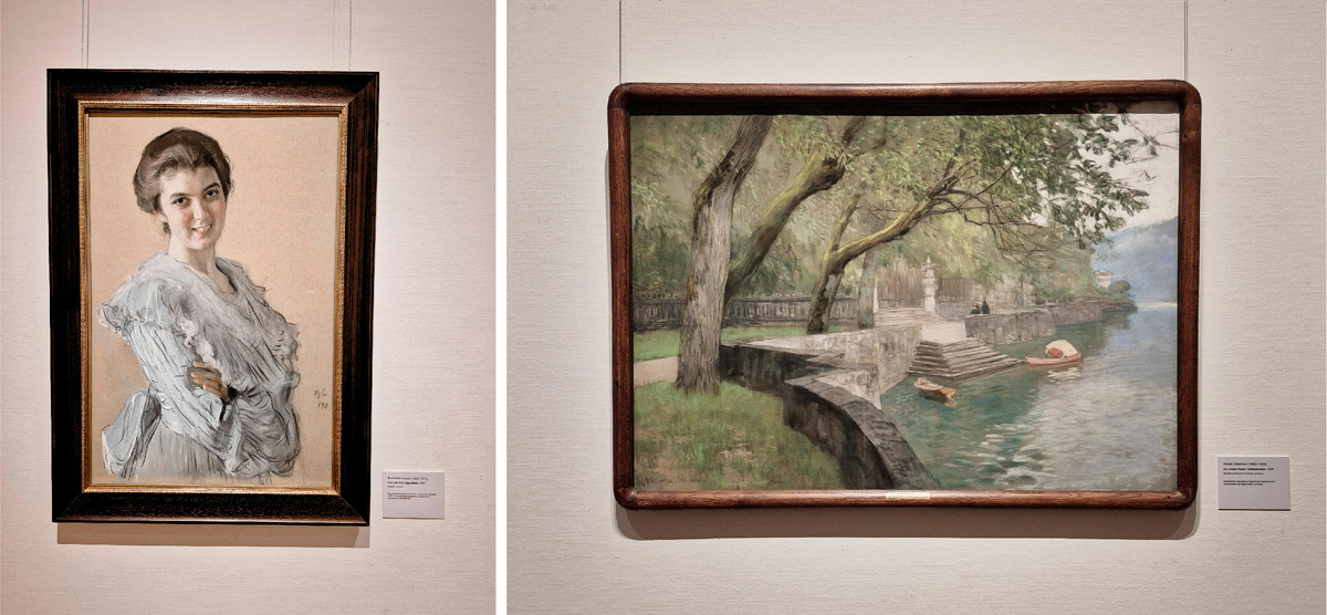 Работы художников: Валентин Серов "Портрет Н.К. Хрущевой", Исаак Левитан "На озере Комо. Набережная"