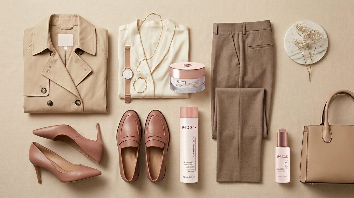 Коллаж из предметов гардероба и средства для ухода за кожей итальянского бренда Becos