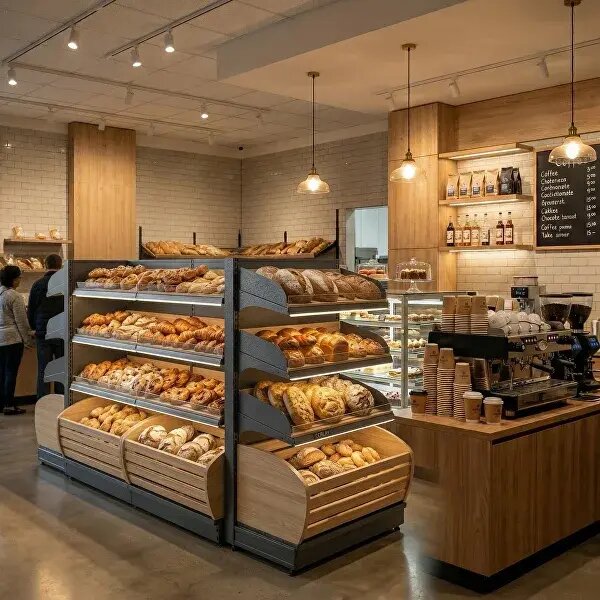 Премиальное оформление зоны выпечки: современные стеллажи для хлеба и булочек 