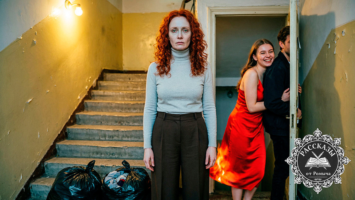Женщина с рыжими волосами и зелеными глазами, лицо выражает холодное оцепенение и осознание краха. Она стоит на лестничной клетке, рядом с ней два черных пластиковых мешка с вещами. В дверном проеме на заднем плане видна молодая девушка в ярко-красном шелковом платье, которая торжествующе улыбается, приобнимая мужчину.