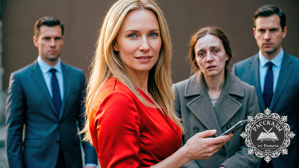 Женщина, светлый блонд, голубые глаза, одета в роскошное ярко-красное шелковое платье. Она стоит уверенно, вполоборота, в её руке современный смартфон. Лицо выражает холодное спокойствие и триумф. На заднем плане, в мягком расфокусе, другая женщина в тусклом сером пальто выглядит растерянной и сломленной, её сопровождают двое мужчин в строгих костюмах.