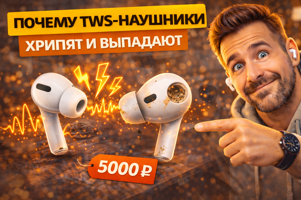 Почему TWS-наушники хрипят и выпадают из ушей: инфографика с причинами (влага, пот, плохая посадка) и простыми способами исправить — чистый звук и надежная фиксация без замены.