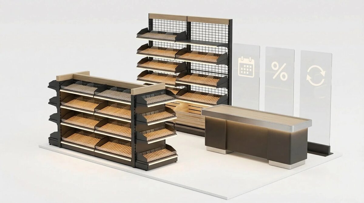 Торговые стеллажи, свет и навесное оборудование для магазина: комплексные решения ShelfMarket 