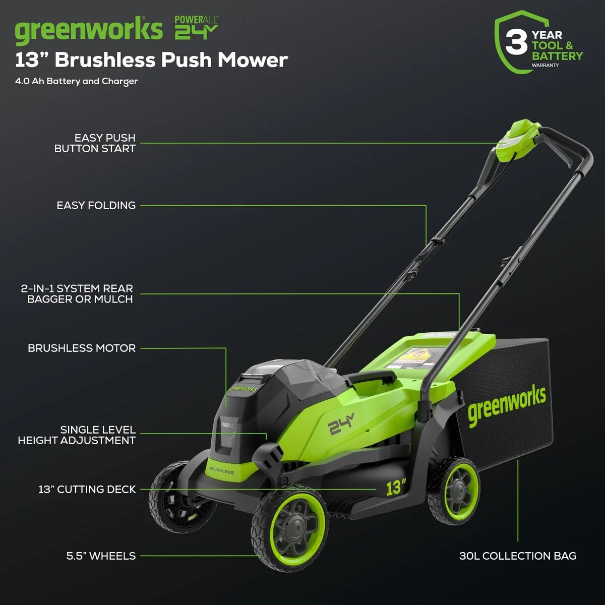 Аккумуляторная газонокосилка Greenworks GD24LM331