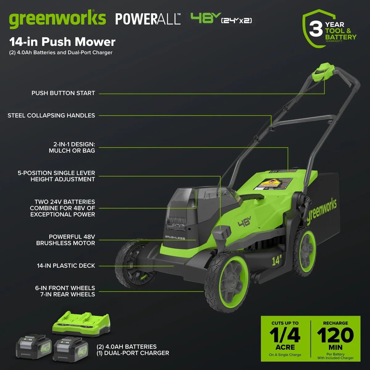 Аккумуляторная газонокосилка Greenworks GD24X2LM361