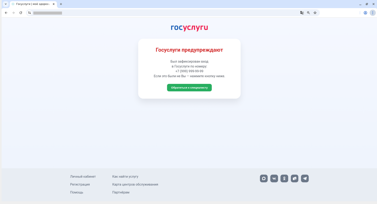 
После всех действий появляется либо пугающее предупреждение о том, что в ваш аккаунт на портале государственных услуг кто-то зашел, с кнопкой «Обратиться к специалисту» (который как раз и специализируется на угоне аккаунтов)… 
								