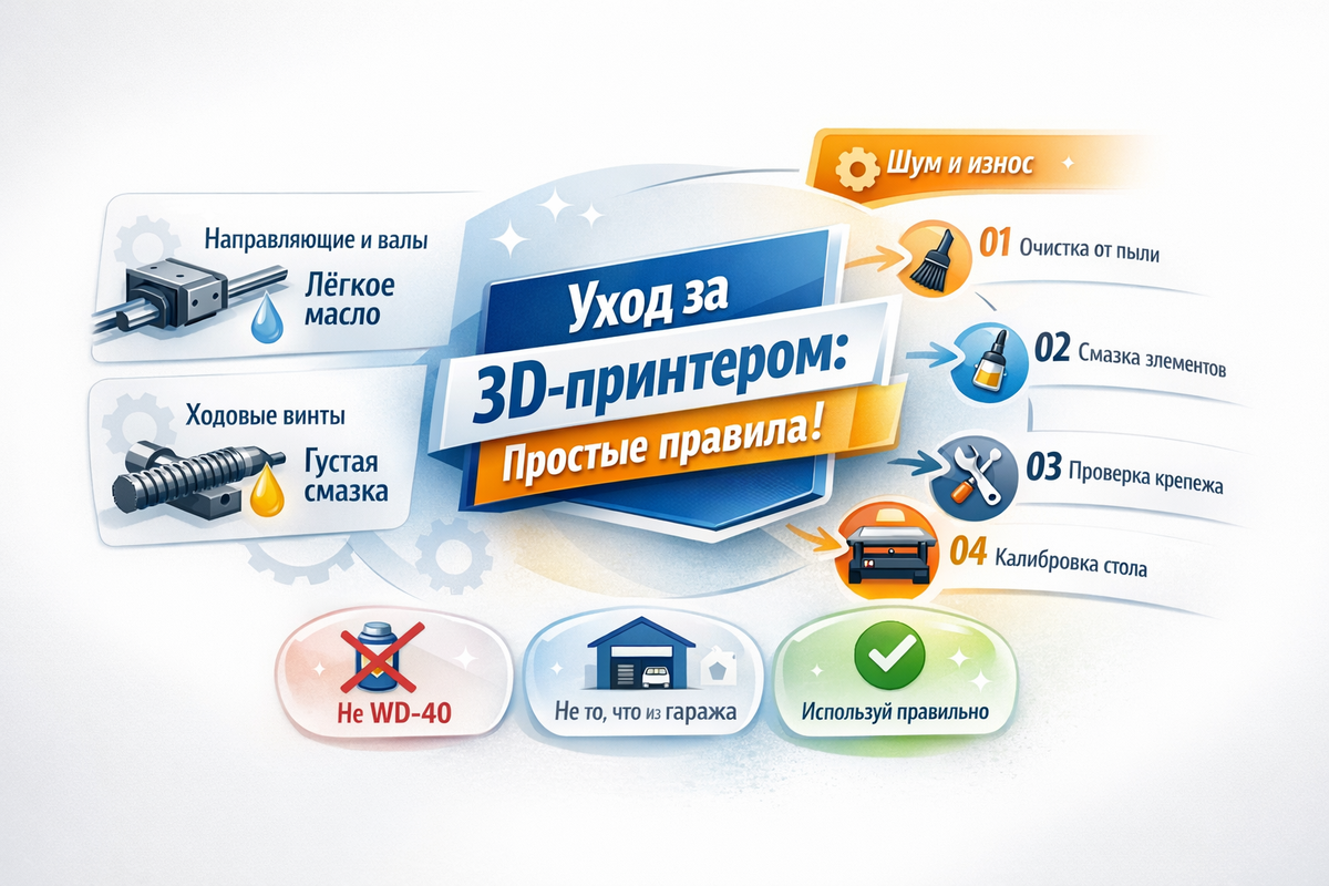 Уход за 3D-принтером часто превращают в шаманство. Кто-то мажет всё подряд силиконовым маслом. Кто-то льёт WD-40 в любой узел.