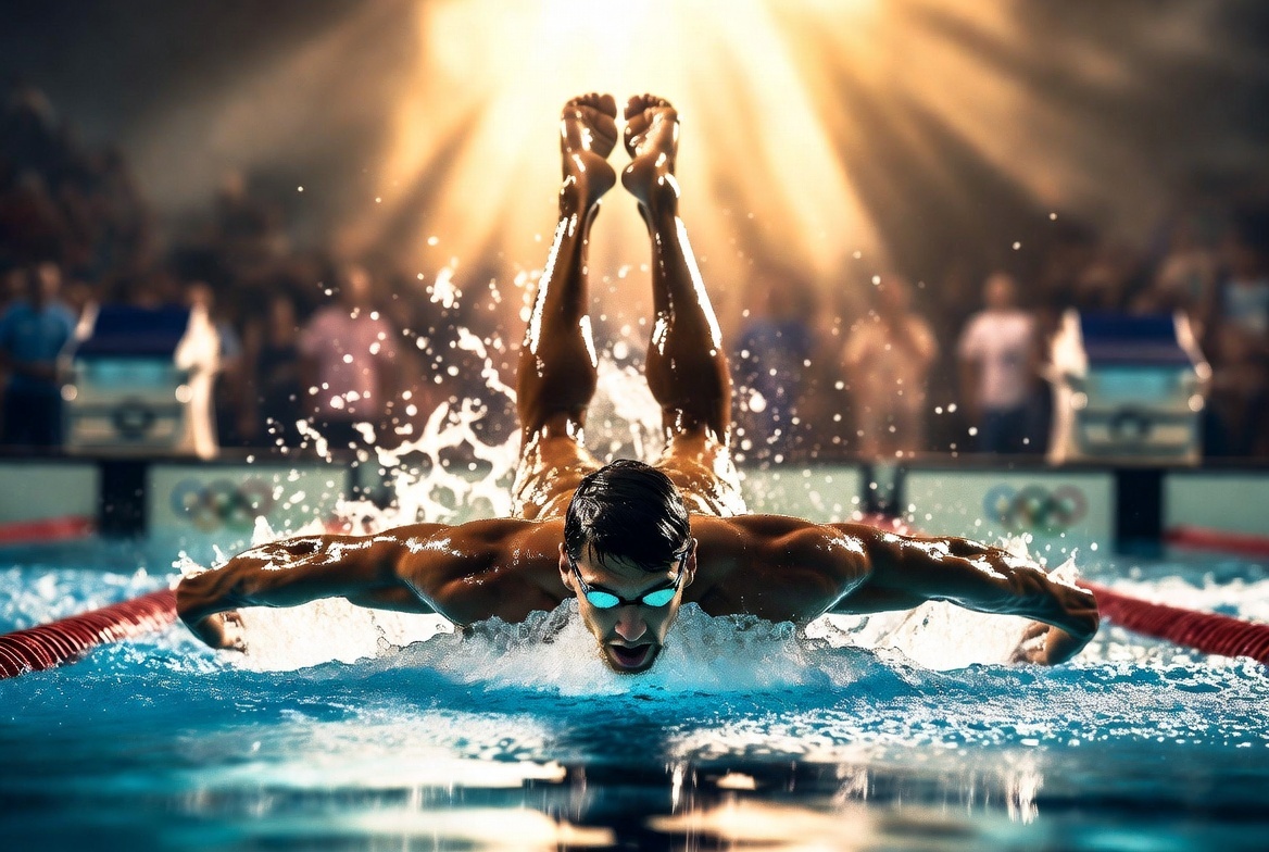 От мальчика с СДВГ до 23 золотых олимпийских наград. Пекин-2008, Рио-2016 и вечные рекорды. Изображение сгенерировано с помощью ИИ.